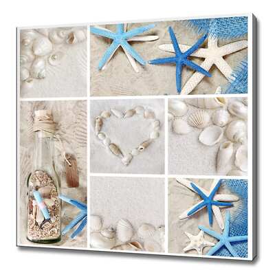 Collage der Sommer Muscheln blau weiß Sterne Sand Badezimmer modern Leinwandbild