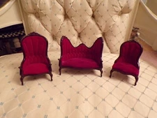 Dollhouse Size Wooden High Quality Doll Furniture Red Velvet Love Seat Set