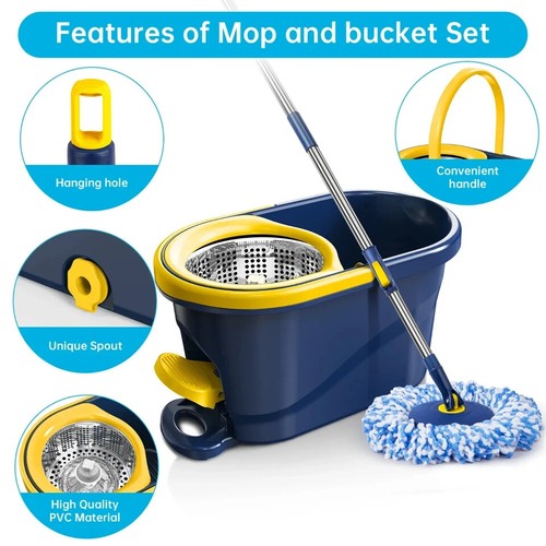 Spin Mop and Bucket System with Wringer Set for Floors Cleaning,Yellow - Picture 4 of 7