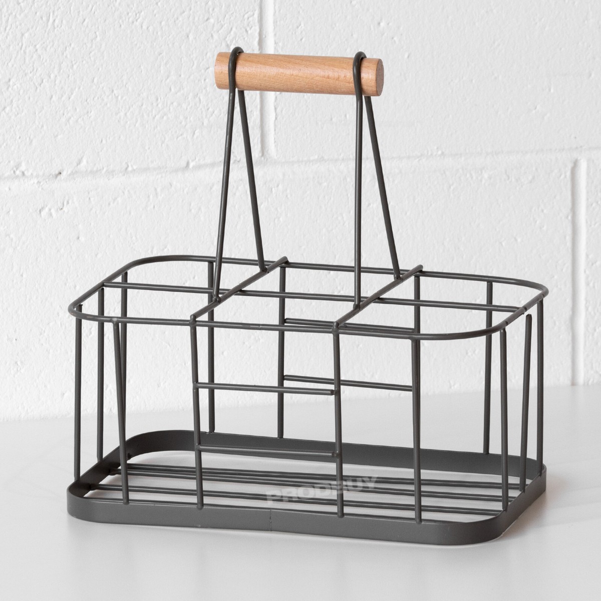 Grey Milk Bottle Holder Crate w Wooden Handle Metal Wire Drinks