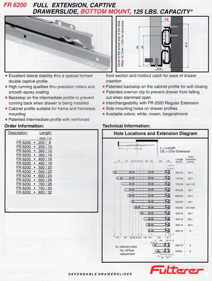 FULTERER #FR6200-600mm-WHITE DRAWER SLIDES, FULL-EXTENSION, 125 POUNDS CAPACITY - Image 2 of 2