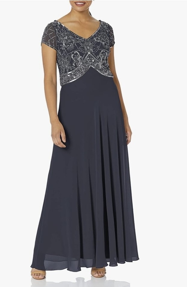 J Kara Women's 3/4 Sleeve Geo Beaded Gown Size 12 Gray Pullover