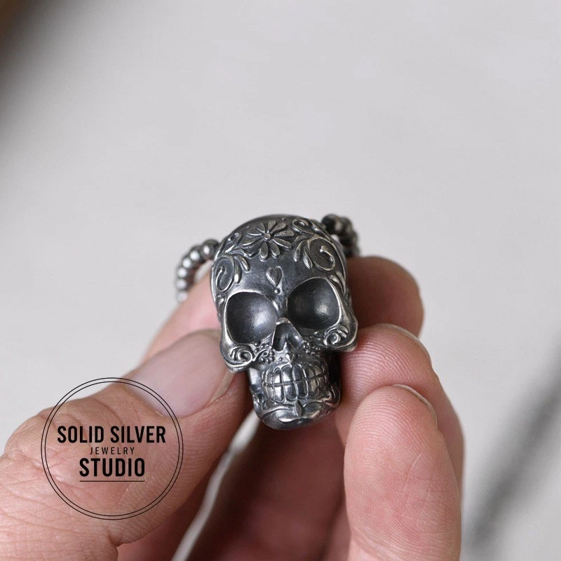 Collar de calavera de azúcar de plata esterlina S925 pesado para hombre patrón floral 26 pulgadas Foto 4 de 4