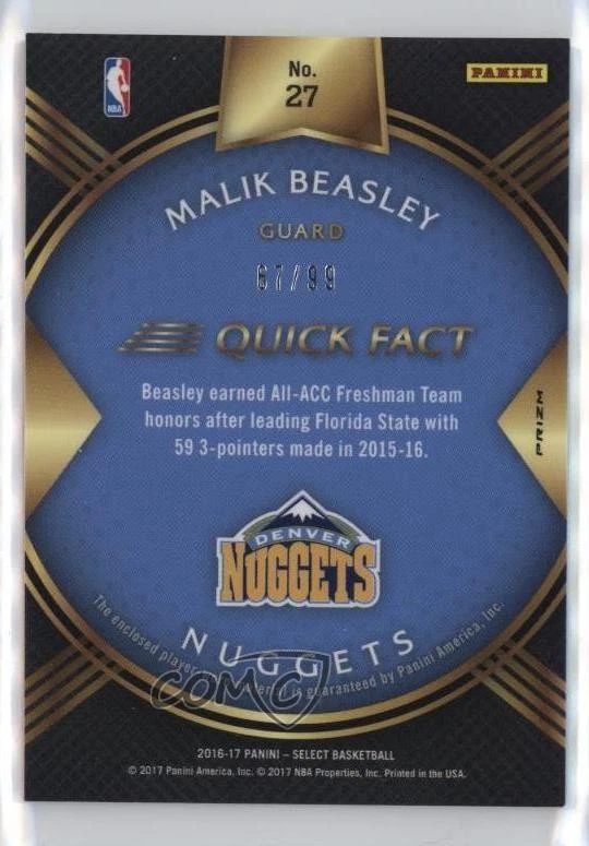 2016-17 Panini Select Rookie Swatches Purple Prizm /99 Malik Beasley #27 RC - Image 2 of 2