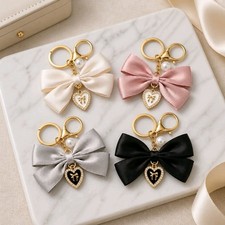 Satin Bow Ribbon Bag Charm Keychain Heart Rhinestone Pearl Luxury Purse Pendant