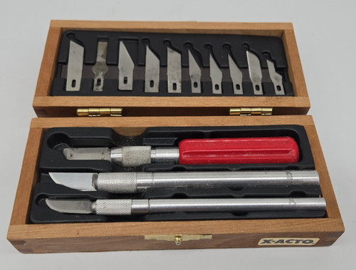 Vintage Boxed Set of X-Acto Knives Dove-tailed Wooden Box 13 Blades 3 Handles.