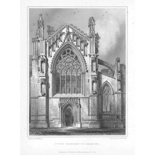 Melrose Abbey - South Transept Exterior - Antique Print c1848