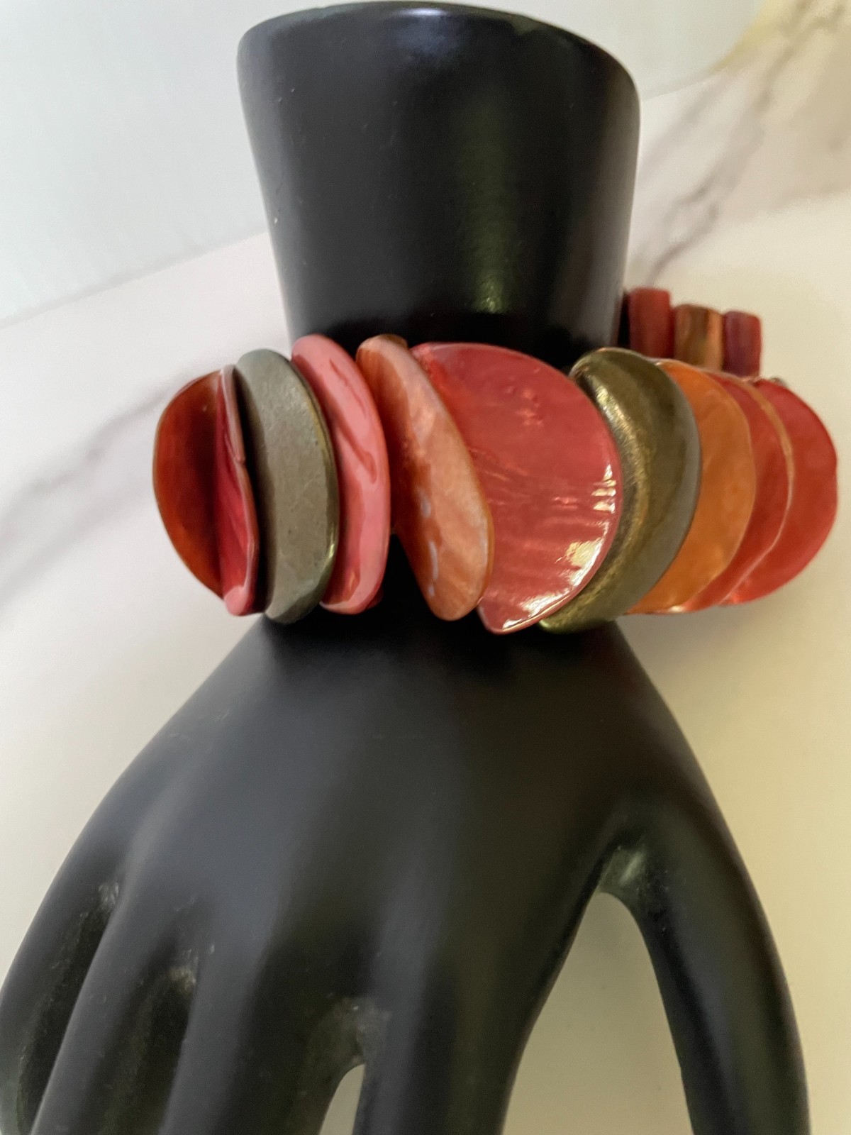 Abalone Shell Bracelet Half Round Orange Red Disc… - image 2