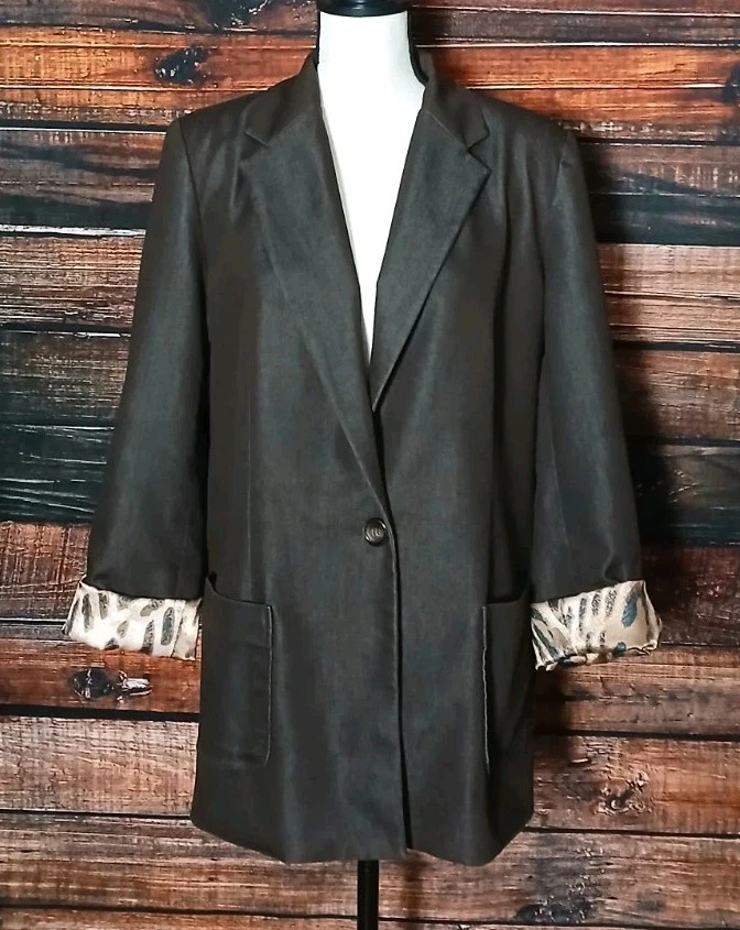 Susan Graver Style Blazer Size M Brown Boyfriend Jacket Animal Print Lined Boho - Image 3 of 4