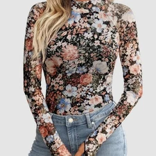 Boutique Floral Mesh Thumbhole Long Sleeve Top Size XL