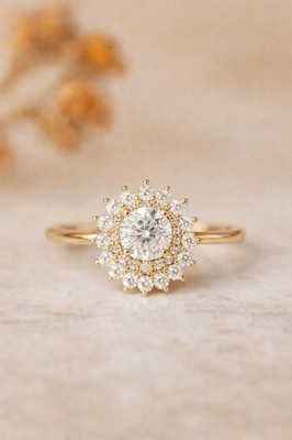 Lab Grown Diamond Sunburst Engagement Silver Ring-Cluster Diamond Ring Bridal