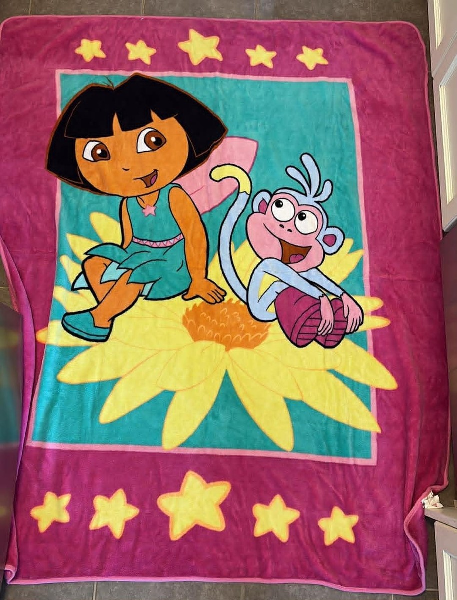 Dora The Explorer and Boots Pink and Blue Flower Blanket 60x50
