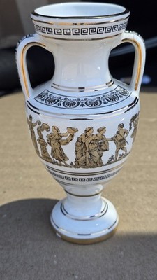 Vintage Lambrou Bros Hand Made in Greece White with 24k Gold Design Vase