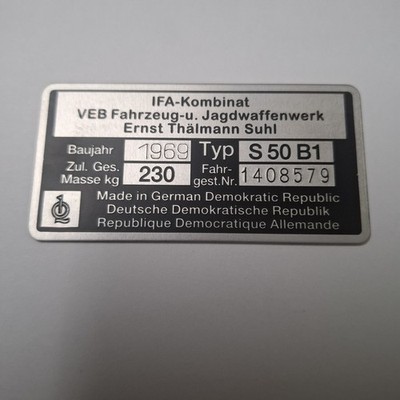 Simson S50 Typenschild originalgetreu gestanzt geprägt!!  all. Typ. gebo m.Ker.