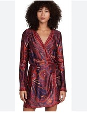 Farm Rio Macaw Arabesque Mini Dress Women’s XL Satin Long Sleeve Tropical Y