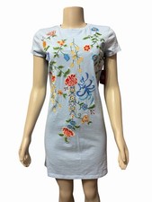 NWT Reba XS Chambray Floral Embroidered T-Shirt Dress Cotton Fitted Light Blue