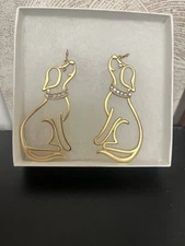 MAX AND ZOE GOLD COLOR DOG OUTLINE CLEAR STONE COLLAR WIRE DANGLE EARRINGS