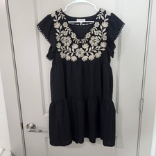 THML Black Embroidered V-Neck Tiered Mini Dress Flutter Sleeve WCT1877-1-BK