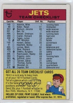 1974 Topps Team Checklist New York Jets (Two Stars on Back) 10c7