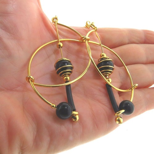 Black Lucite Bead Lever Back Earrings Abstract Design 1.5*3.5 Inch