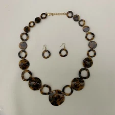 Animal Print Necklace & Earrings Set Brown Black Links Costume Jewelry Adjustabl