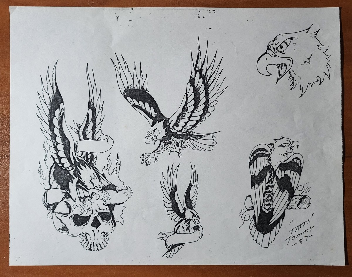 1987 Tatts Tommy Vintage Biker Style Tattoo Flash Sheet Skull