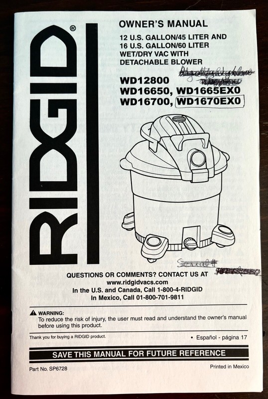 2010 Manual RIDGID WetDryVac WD12800 WD16650 WD1665EX0 WD16700 WD1670EX0