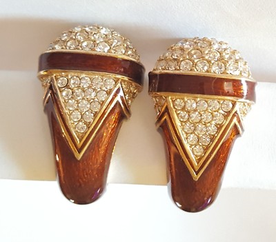 Vintage CINER Enamel Rhinestone Clip on Earrings Huggie Rare