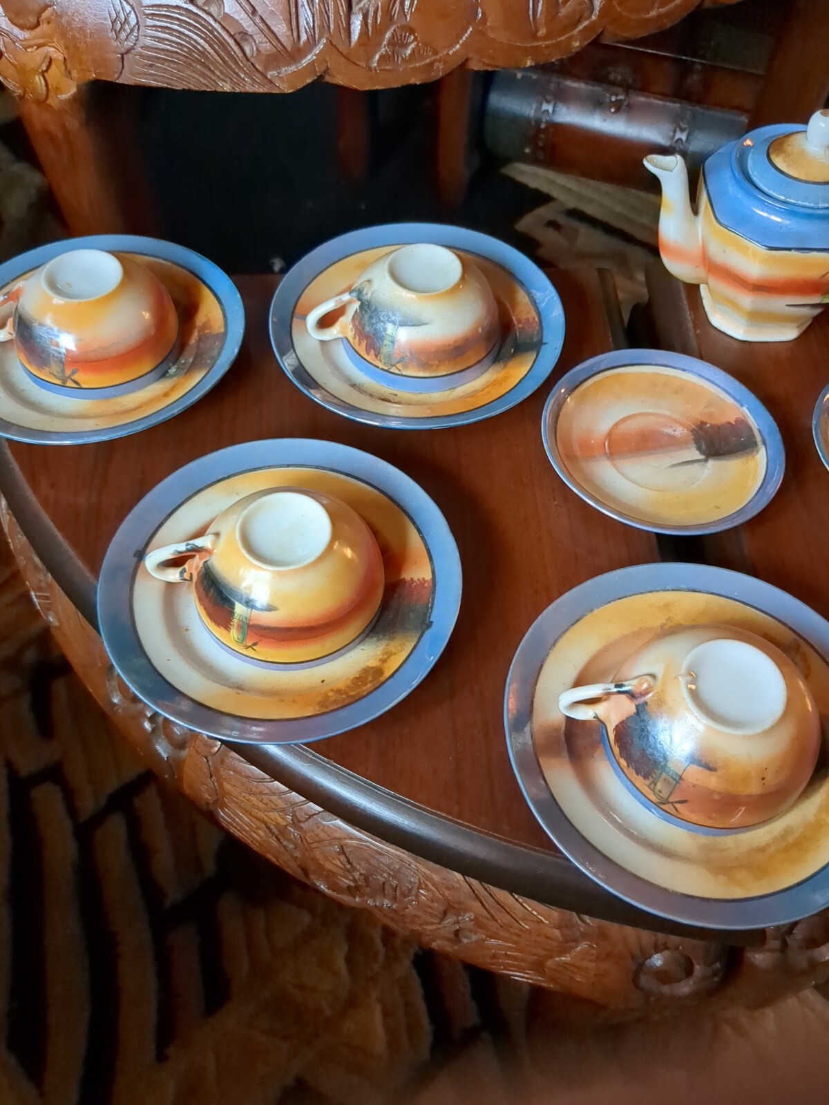 Japanese Chikaramachi Vintage Painted 19 Piece Tea Set Great Condit