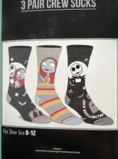Nightmare Before Christmas NEW 3 Pair CREW SOCKS SIZE 8-12 Bioworld Sally Jack