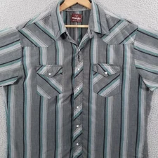 Wrangler Western Shirt XL Grey Teal Striped Pearl Snap Rodeo Country Ranch Farm