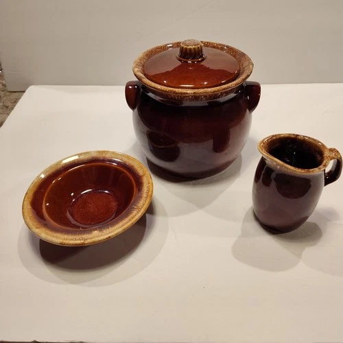 HULL Brown Drip Bean Pot Crock With Lid, Creamer, Crestone Cereal Bowl USA