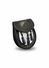 Handmade Black White Leather Kilt Sporran with Three Tassels Chain Belt