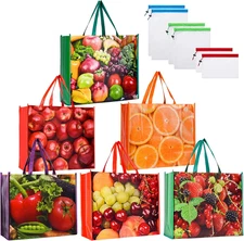 Kitchen Reusable Grocery Bags Set of 6 Heavy Duty Foldable Shopping Tote with 6 