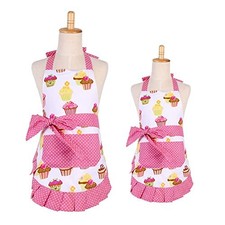 Apron for Women with Pockets, Extra Long Ties Cotton Apron Pink cupcake Set