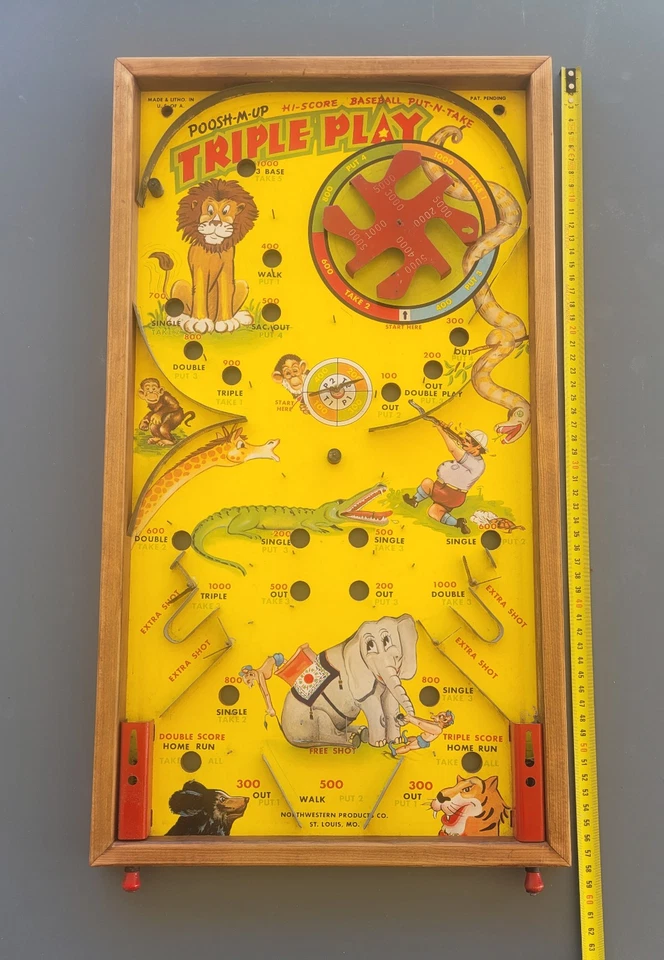 ancien flipper bois carton tole animaux dans son carton d'origine avec 5 billes - Photo 3/4