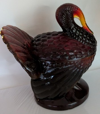 Vintage L.E. Smith Dark Red Glass Turkey on Nest 7.5'' Tall Signed ''S'' EUC