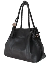 FURLA BLACK LEATHER LG DRAWSTRING BAG  BRAIDED TWIN HANDLES FURLA CHARM CLASSIC!