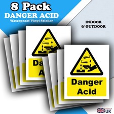 8 Pack - Danger Acid Hazard Labels - Waterproof Vinyl Stickers - 110mm x 90mm