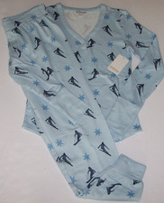 NWT PJ Salvage SKY BLUE SKIERS Ski Soft Knit Pajama/Long Johns Set Women's L