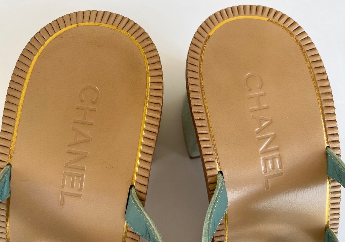 NEW CHANEL 18C GREECE SUEDE CALFSKIN LIGHT GREEN MULES SANDALS 
