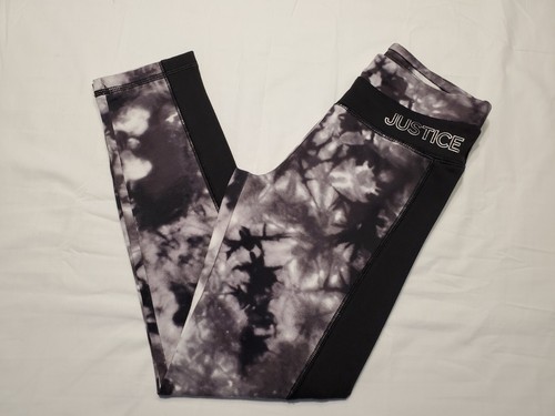 Justice Active Tie Dye Leggings Girls Size 8 Black Gray White Full Length Logo - Picture 2 of 15