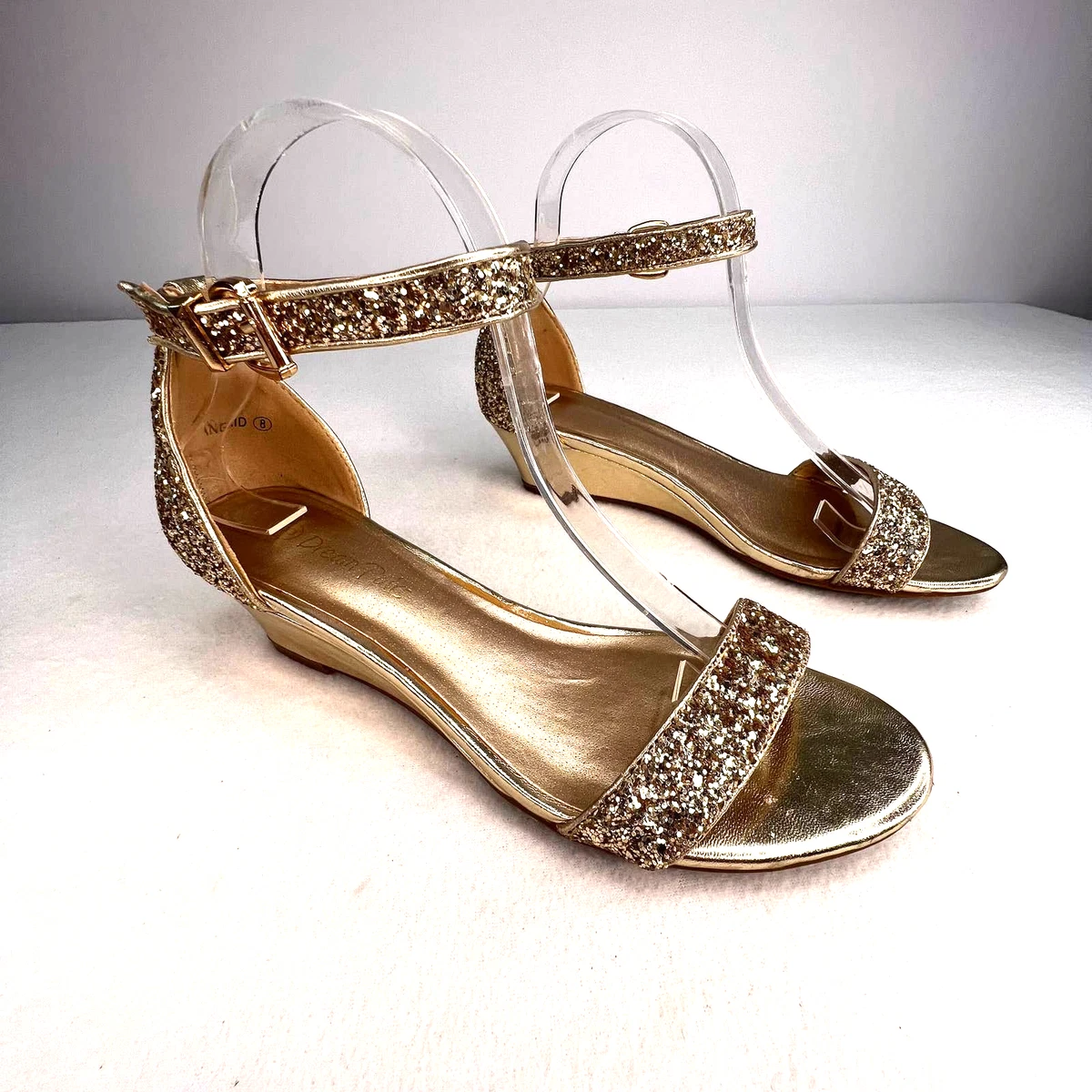 Dream Paris Ingrid Women s 8 Gold Sparkle Shimmer Wedge Heel Ankle Strap Sandals