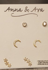 Authentic 🌙Anna & Ava Gold Plated Sterling Silver CZ Stud Earrings - Moon Stars and Round
