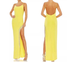 MAC DUGGAL Yellow Maxi Gown Size 4 Rhinestones Thigh High Slit Low Back NWT READ