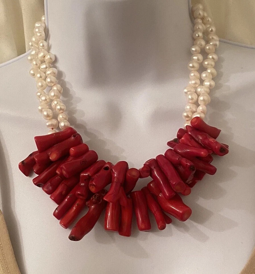 Collar Distintivo Plata Doble Hilo Coral Rama Roja Grande Perla Barroca Foto 4 de 4