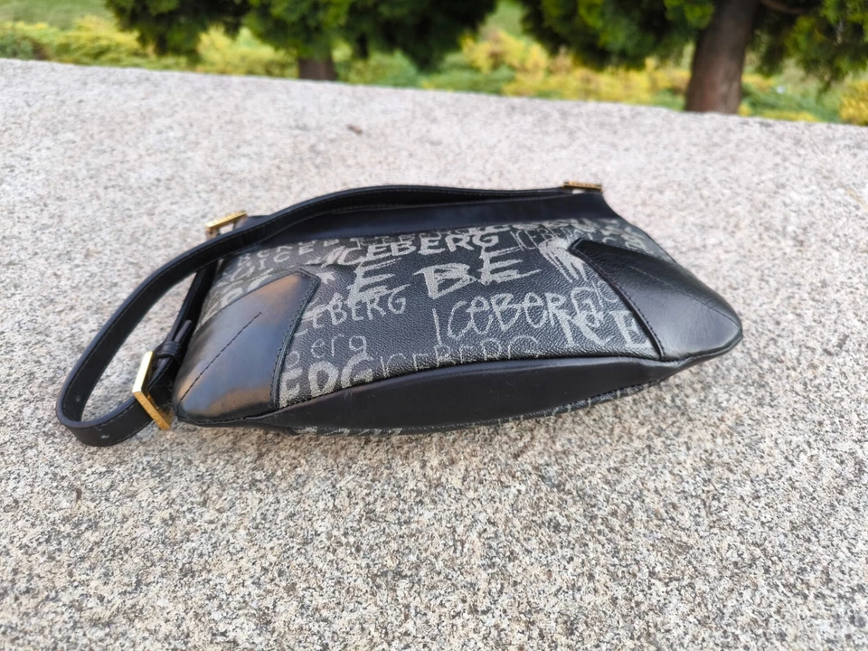 Iceberg Negro Gris Cuero Monograma Logo Bolso de Hombro Baguette Foto 4 de 4