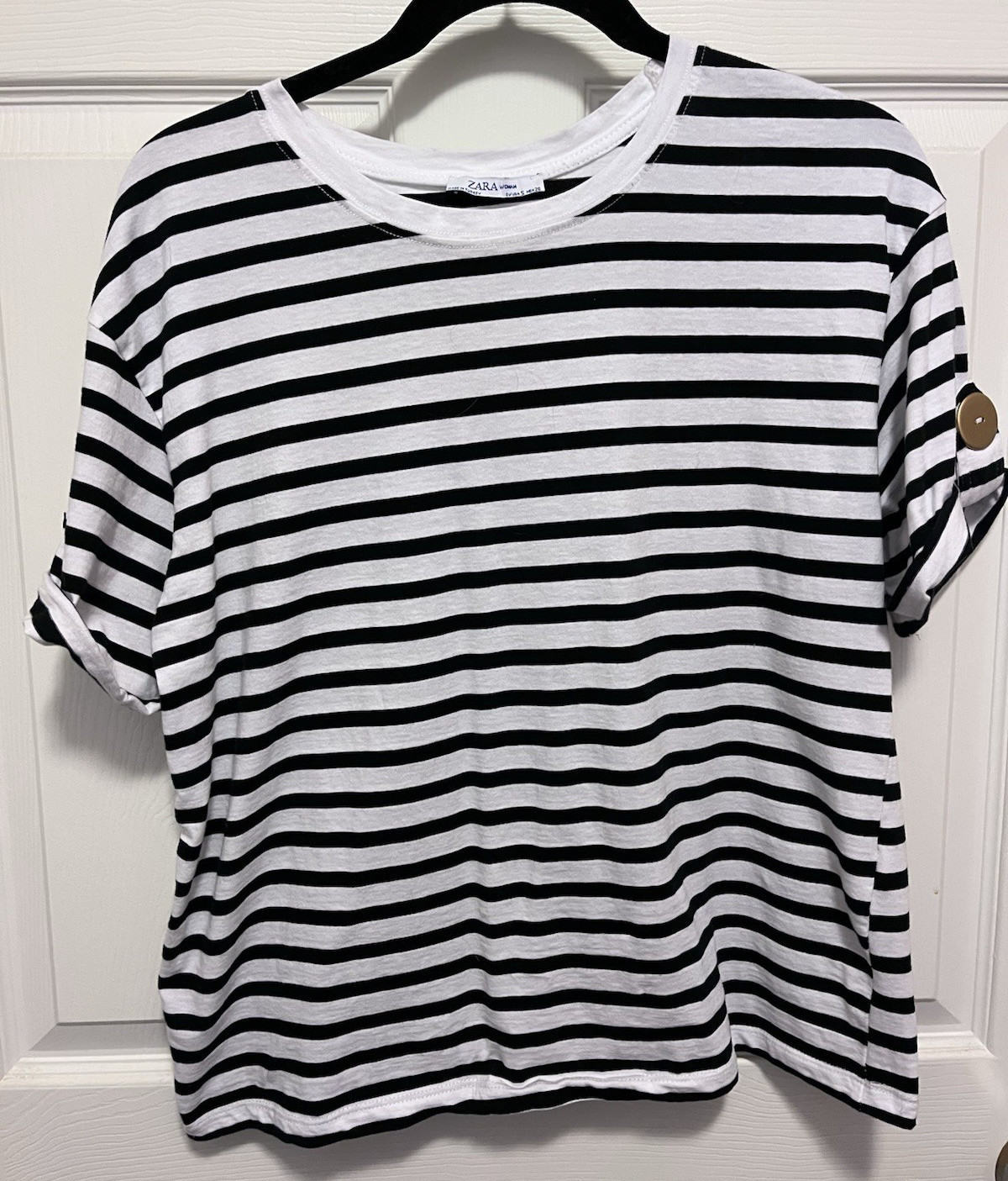 Zara Black and White Striped T-Shirt Rolled Sleeves w/Gold Buttons Women's Small