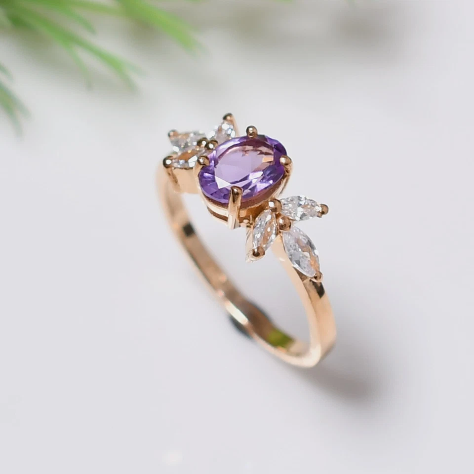 Anillo de amatista natural, anillo de plata de ley 925 ovalado de piedras preciosas púrpuras anillo para mujer Foto 3 de 3