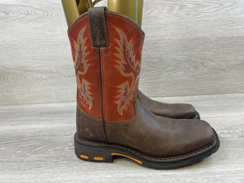 Ariat WorkHog Boys Western Boot Brown Leather Embroidered Calf Sz 2 Shoes